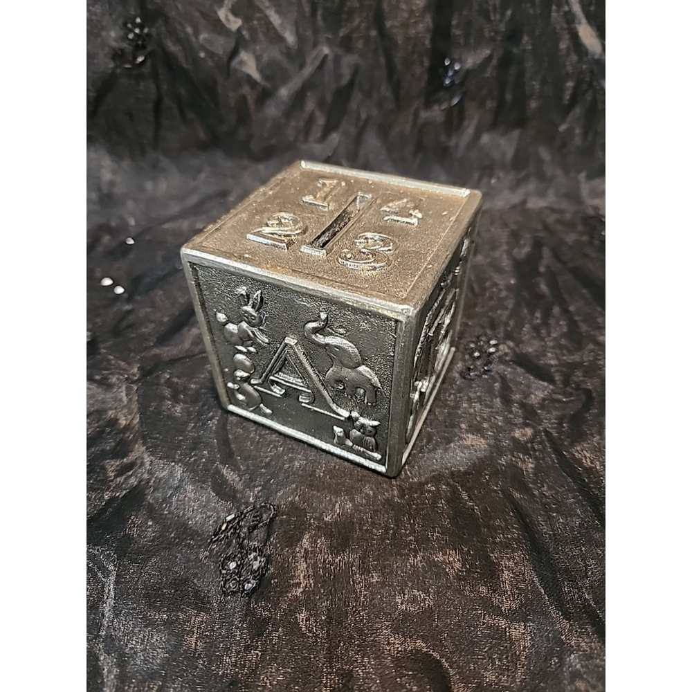 VTG LEONARD’S ITALY SILVER PLATE BABY ABC LETTER BLOCK PIGGY COIN BANK Numbers